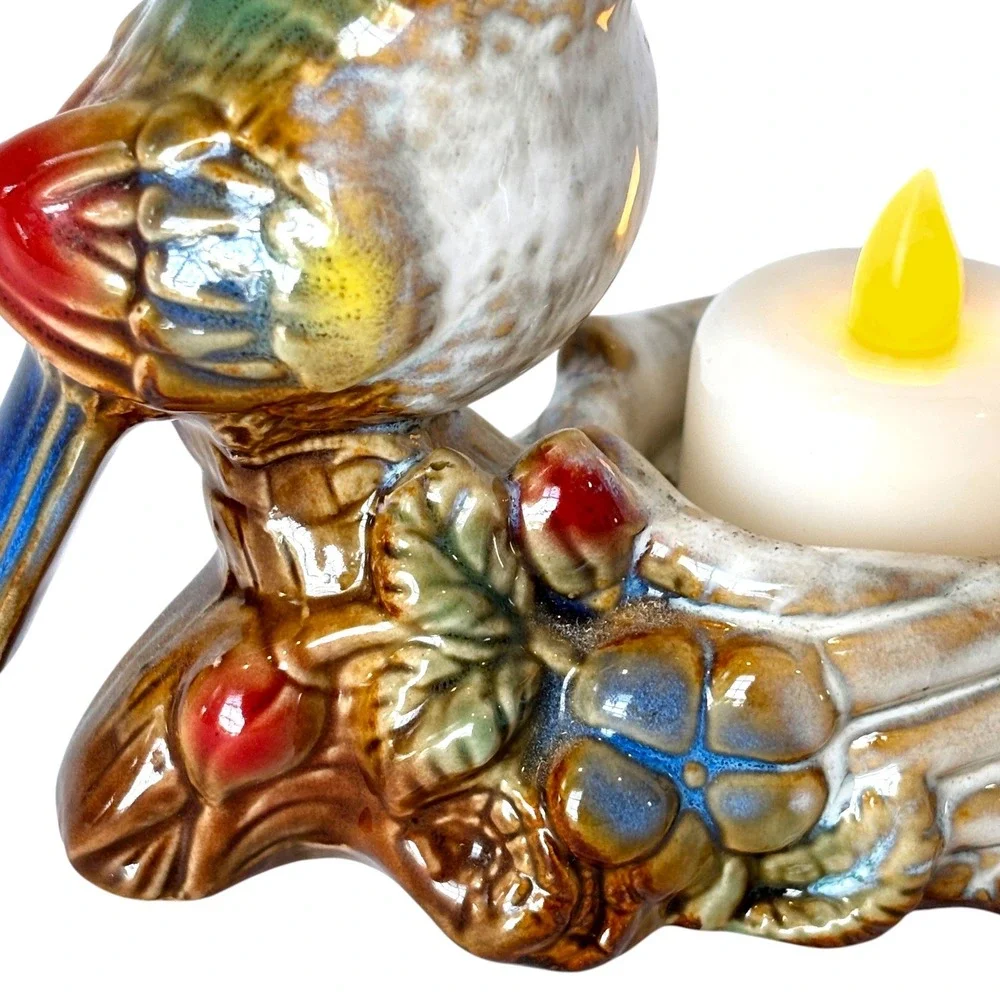 Majolica Style Ceramic Songbird Nest Votive Tealight Candle Holder Vintage